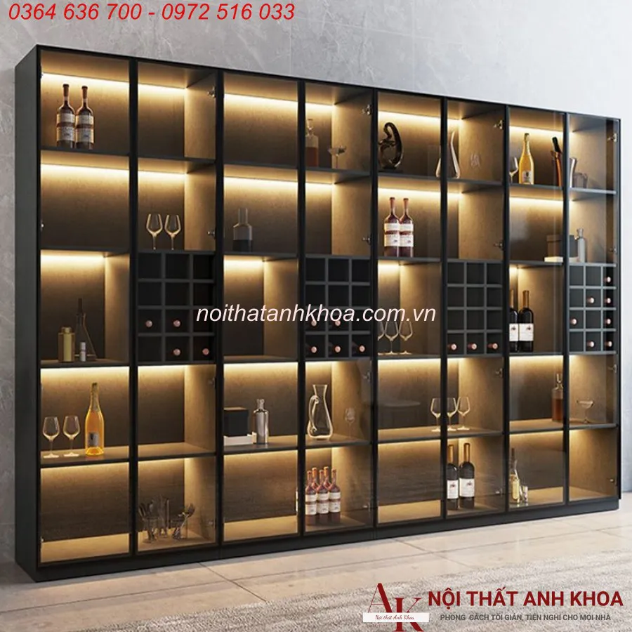 Tủ Rượu Cánh Kính Gỗ Công Nghiệp Màu Đen Kết Hợp LED Sang Trọng Hiện Đại