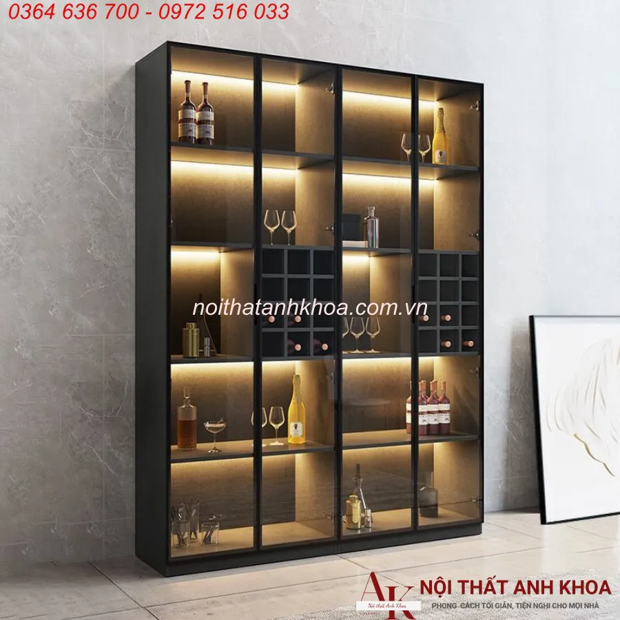 Tủ Rượu Cánh Kính Gỗ Công Nghiệp Màu Đen Kết Hợp LED Sang Trọng Hiện Đại
