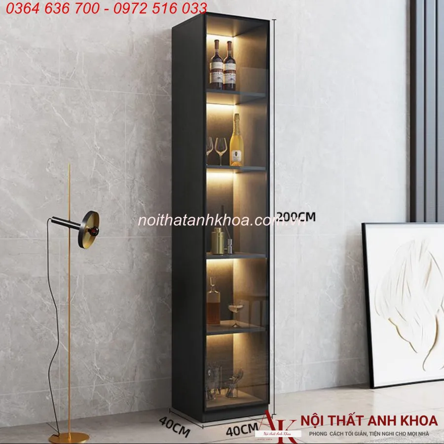 Tủ Rượu Cánh Kính Gỗ Công Nghiệp Màu Đen Kết Hợp LED Sang Trọng Hiện Đại