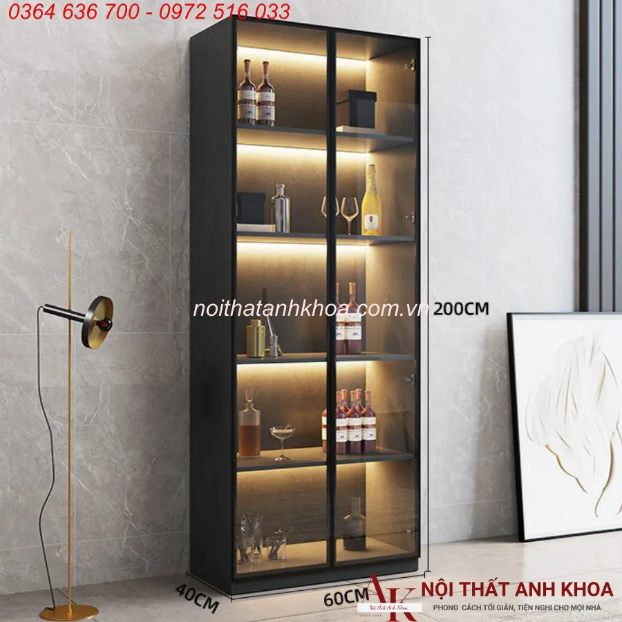 Tủ Rượu Cánh Kính Gỗ Công Nghiệp Màu Đen Kết Hợp LED Sang Trọng Hiện Đại