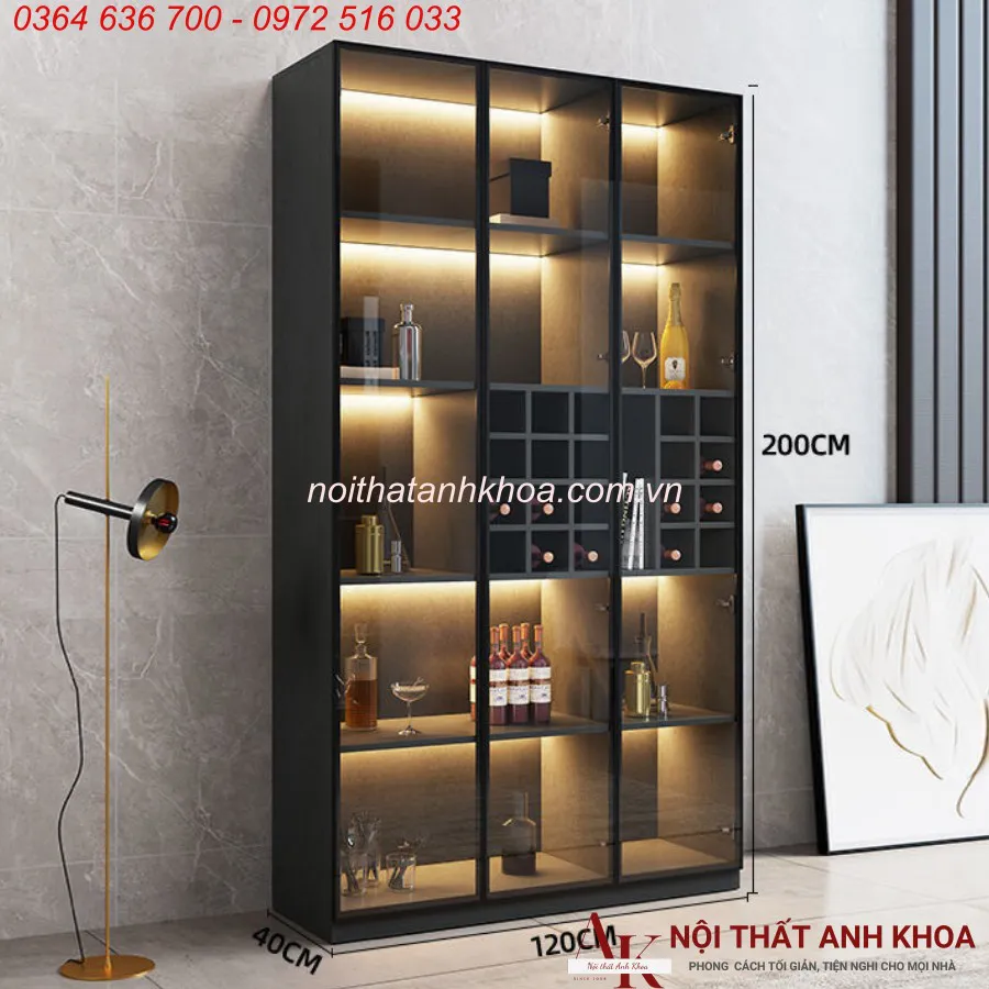 Tủ Rượu Cánh Kính Gỗ Công Nghiệp Màu Đen Kết Hợp LED Sang Trọng Hiện Đại