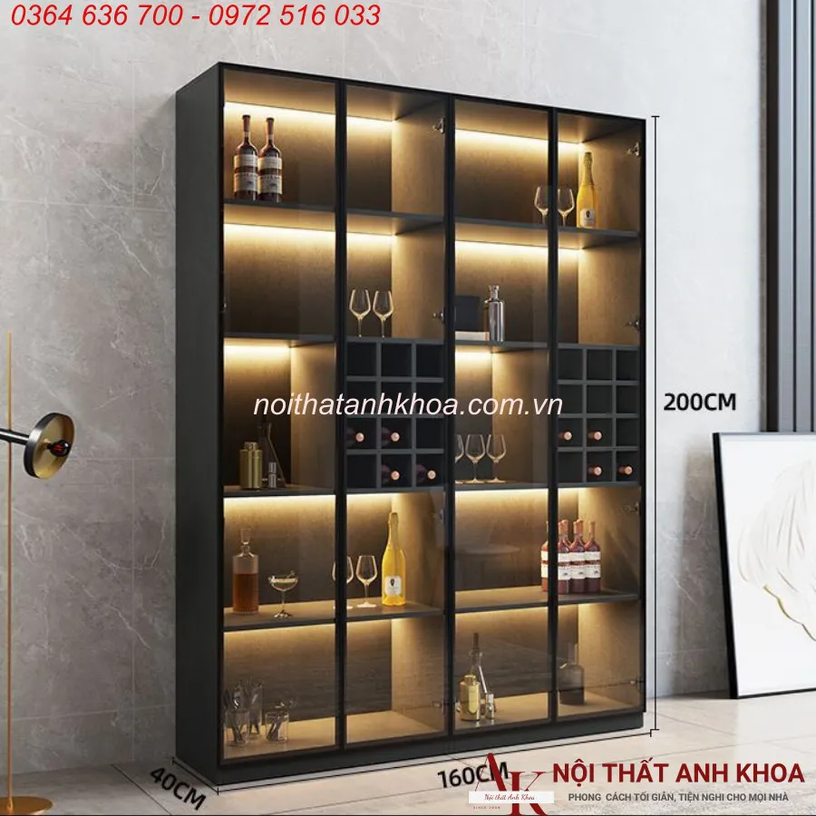 Tủ Rượu Cánh Kính Gỗ Công Nghiệp Màu Đen Kết Hợp LED Sang Trọng Hiện Đại
