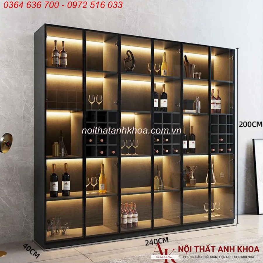 Tủ Rượu Cánh Kính Gỗ Công Nghiệp Màu Đen Kết Hợp LED Sang Trọng Hiện Đại