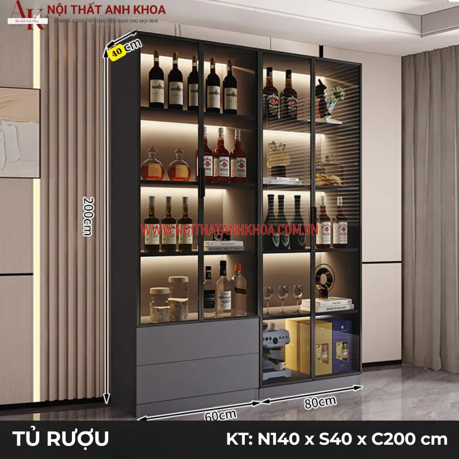 Tủ Rượu Cánh Kính Kết Hợp Đèn Led Đẹp Hiện Đại