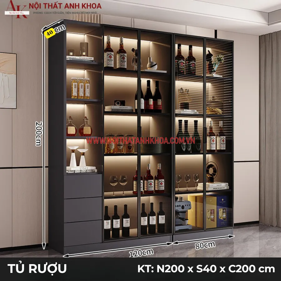 Tủ Rượu Cánh Kính Kết Hợp Đèn Led Đẹp Hiện Đại