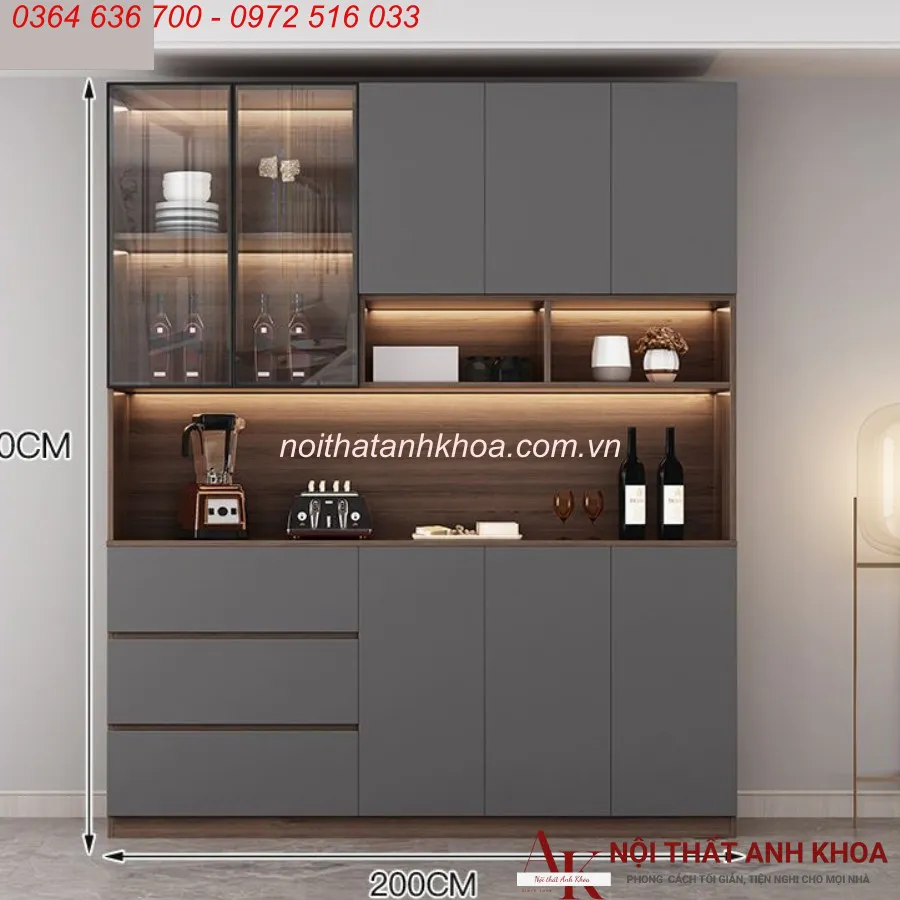 Tủ Rượu Cánh Kính Màu Xám Có LED Gỗ Công Nghiệp Đẹp