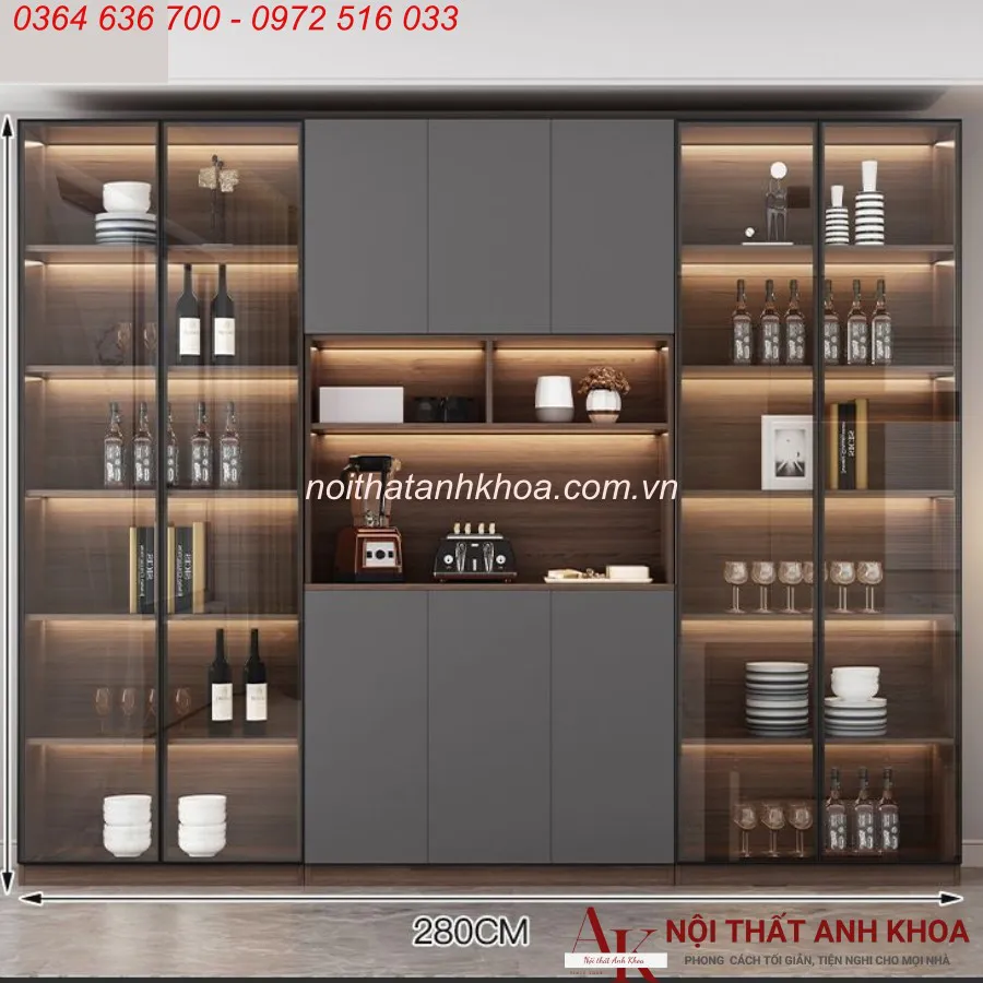 Tủ Rượu Cánh Kính Màu Xám Có LED Gỗ Công Nghiệp Đẹp