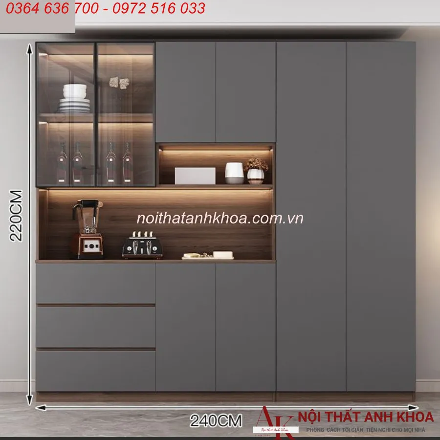 Tủ Rượu Cánh Kính Màu Xám Có LED Gỗ Công Nghiệp Đẹp
