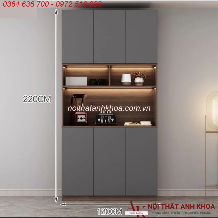 Tủ Rượu Cánh Kính Màu Xám Có LED Gỗ Công Nghiệp Đẹp