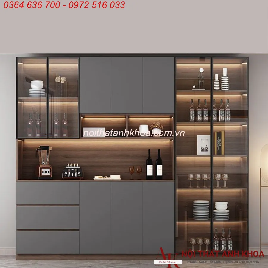 Tủ Rượu Cánh Kính Màu Xám Có LED Gỗ Công Nghiệp Đẹp
