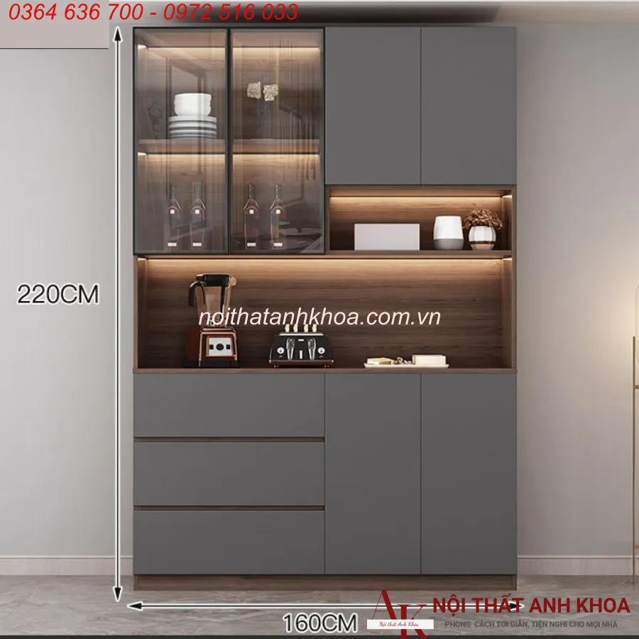Tủ Rượu Cánh Kính Màu Xám Có LED Gỗ Công Nghiệp Đẹp