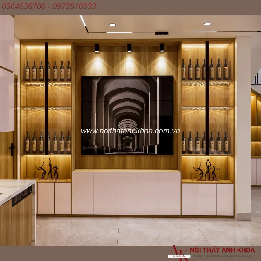 Tủ Rượu Đẹp Gỗ Công Nghiệp Cánh Cửa Kính Phối Đèn Led Hiện Đại Sang Trọng