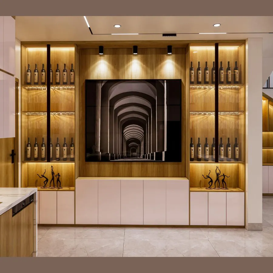 Tủ Rượu Đẹp Gỗ Công Nghiệp Cánh Cửa Kính Phối Đèn Led Hiện Đại Sang Trọng