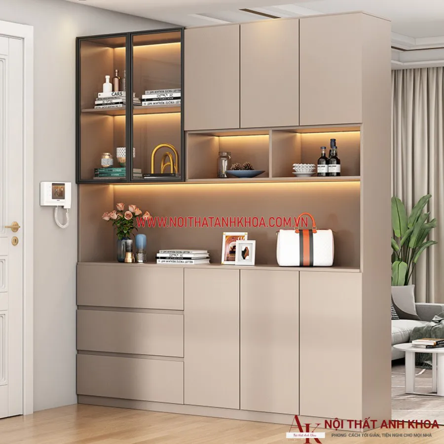 Tủ Rượu Gỗ Công Nghiệp Kết Hợp Cánh Kính Và Đèn Led Đẹp Hiện Đại