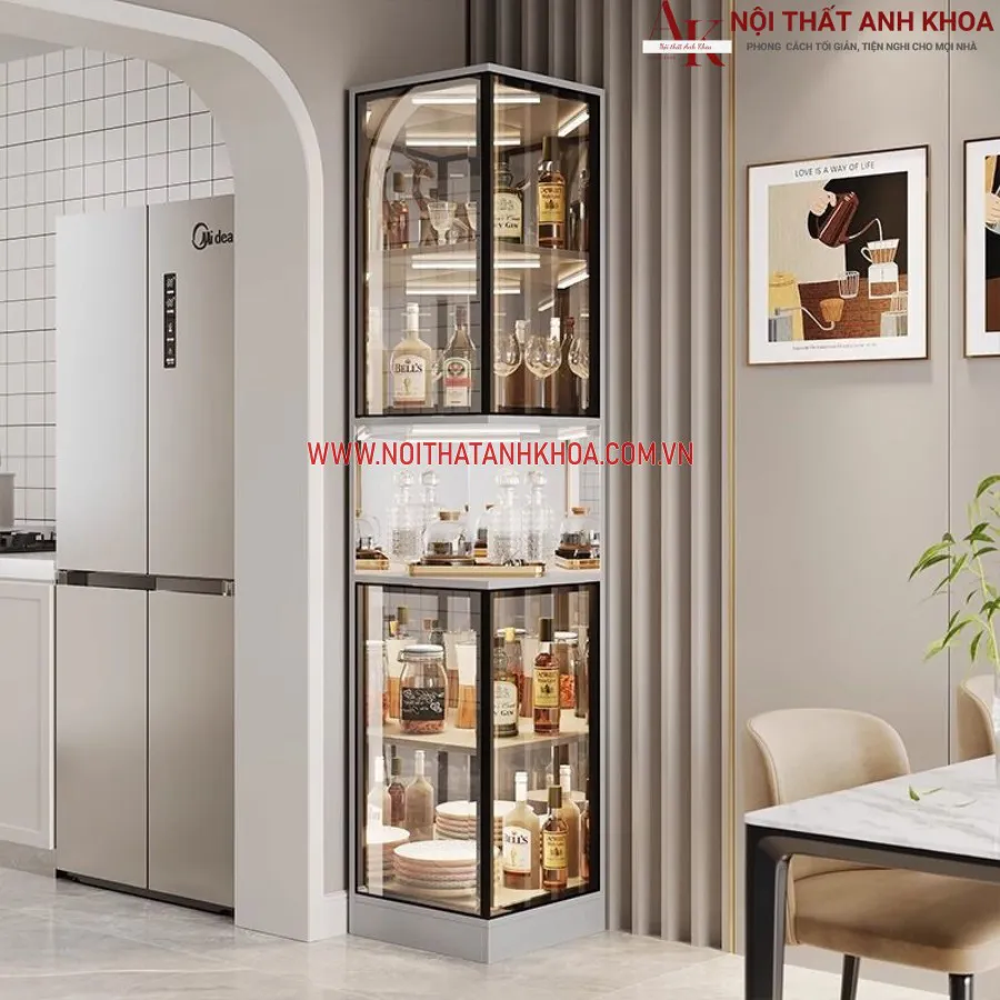 Tủ Rượu Nhỏ Màu Trắng Kết Hợp Cánh Kính Đẹp Chắc Chắn