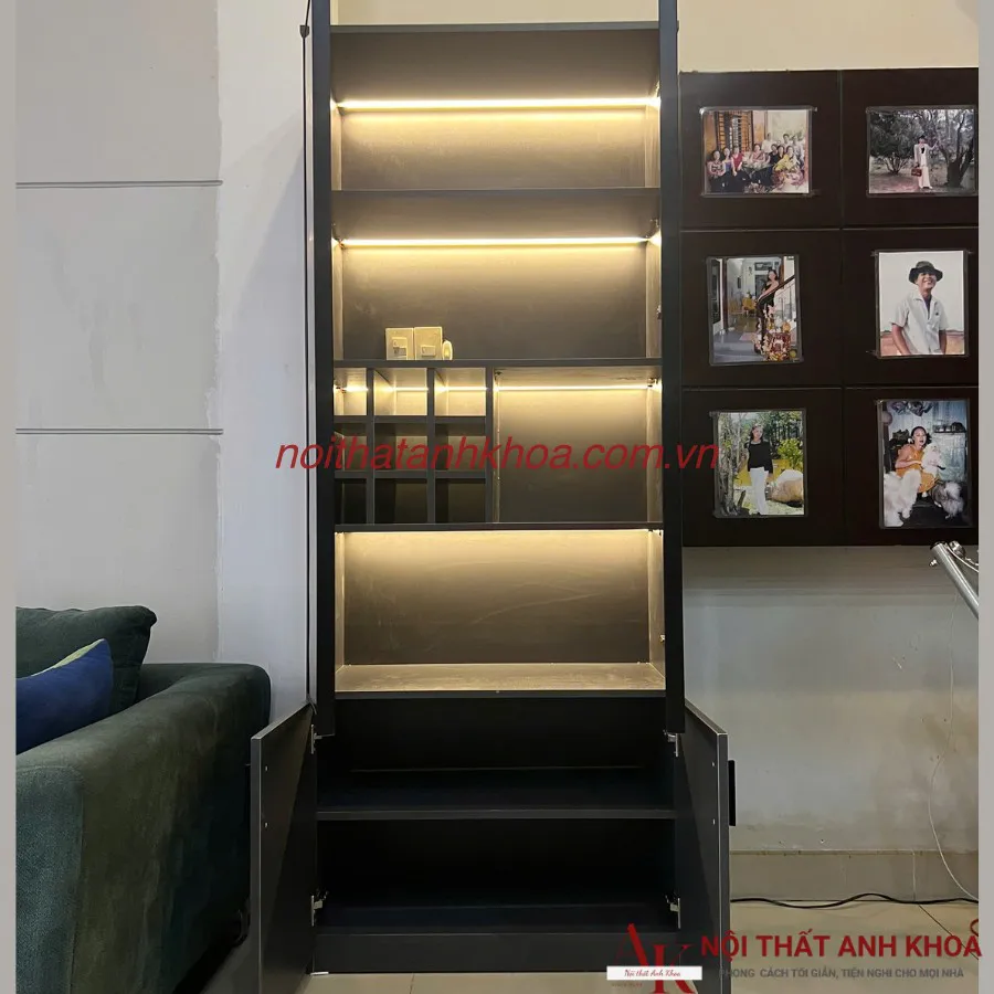 Tủ Rượu Phòng Khách Gỗ Công Nghiệp Màu Xám Kết Hợp Đèn Led Đẹp