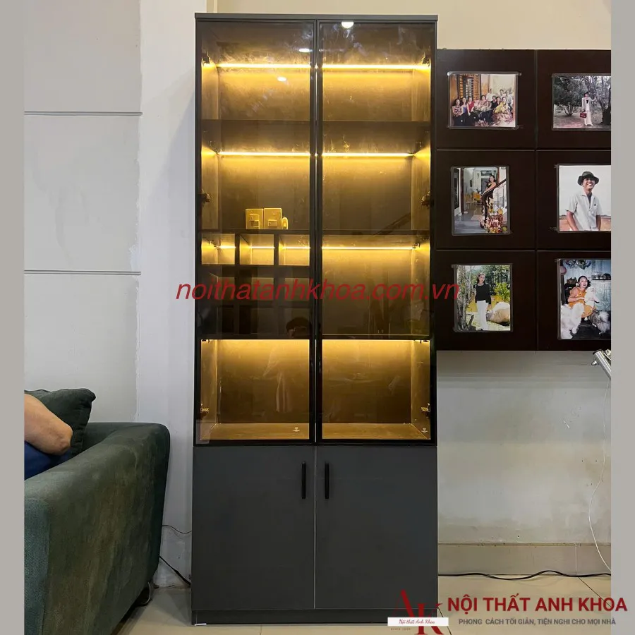 Tủ Rượu Phòng Khách Gỗ Công Nghiệp Màu Xám Kết Hợp Đèn Led Đẹp