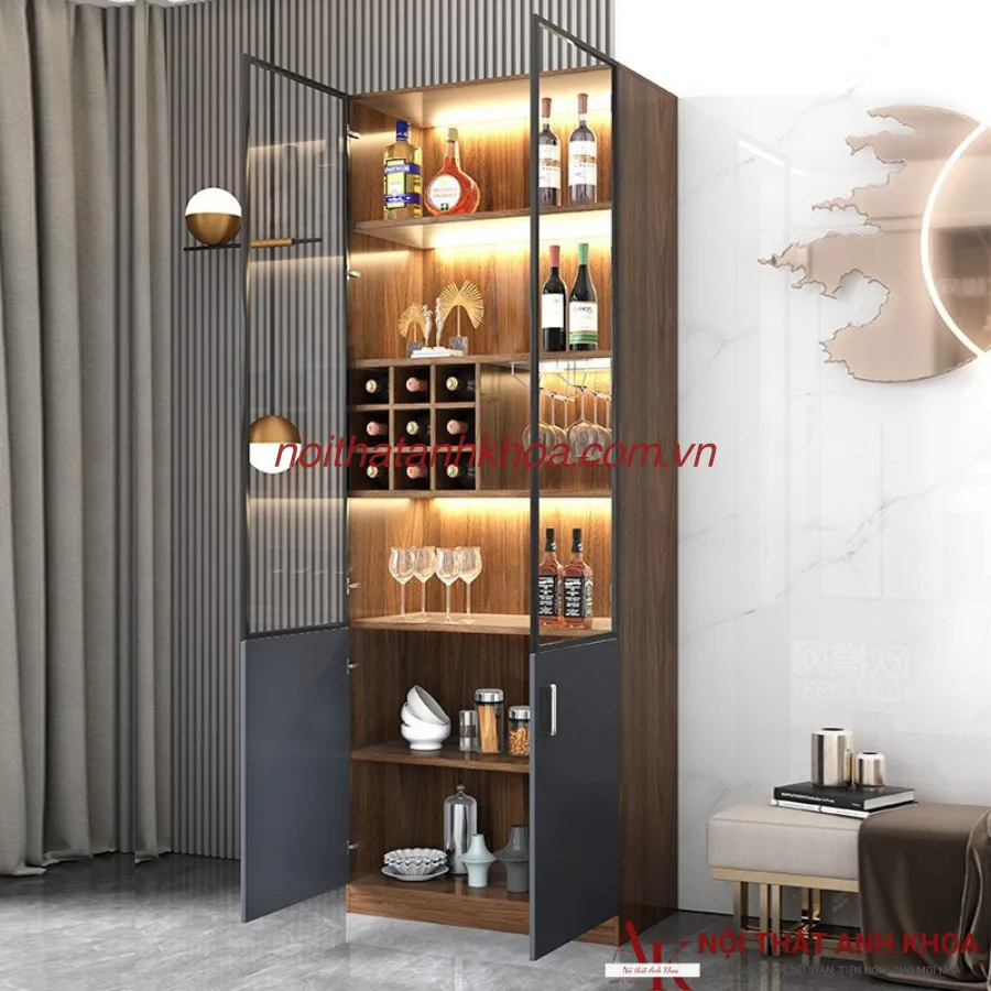 Tủ Rượu Phòng Khách Gỗ Công Nghiệp Màu Xám Kết Hợp Đèn Led Đẹp