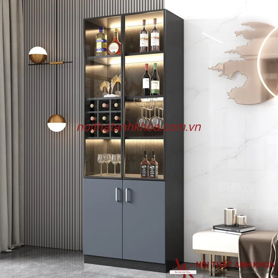 Tủ Rượu Phòng Khách Gỗ Công Nghiệp Màu Xám Kết Hợp Đèn Led Đẹp