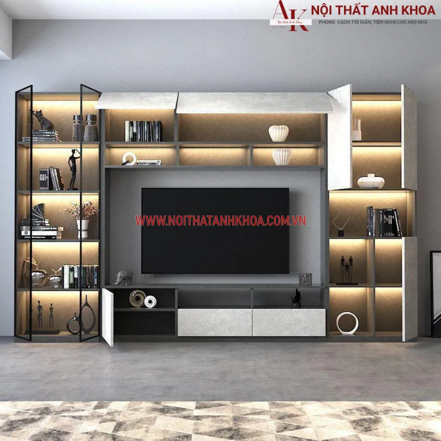 Tủ Tivi Phòng Khách Gỗ Công Nghiệp Kết Hợp Đèn Led Đẹp Hiện Đại