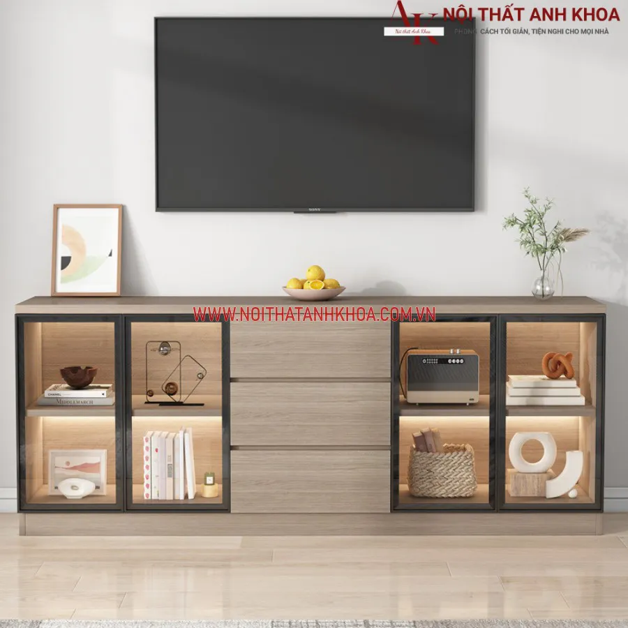 Tủ Tivi Phòng Khách Hiện Đại Gỗ MDF Kết Hợp Cánh Kính Đẹp Hiện Đại