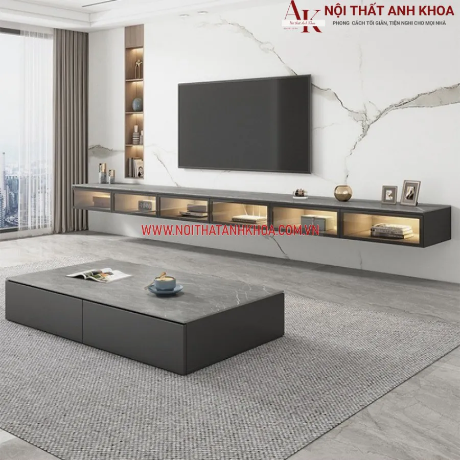 Tủ Tivi Treo Tường Gỗ Công Nghiệp Kết Hợp Cánh Kính Hiện Đại