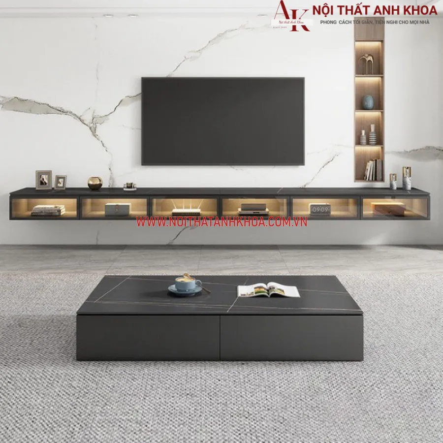 Tủ Tivi Treo Tường Gỗ Công Nghiệp Kết Hợp Cánh Kính Hiện Đại