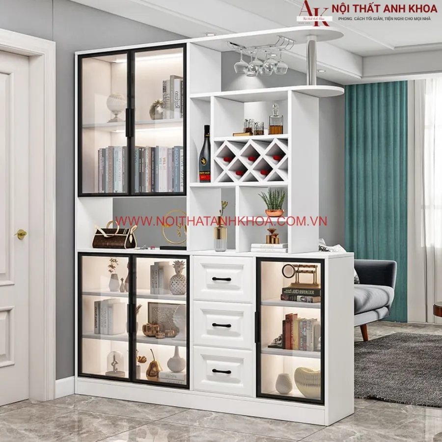 Tủ Vách Ngăn Phòng Khách Kết Hợp Kệ Rượu Gỗ Công Nghiệp 