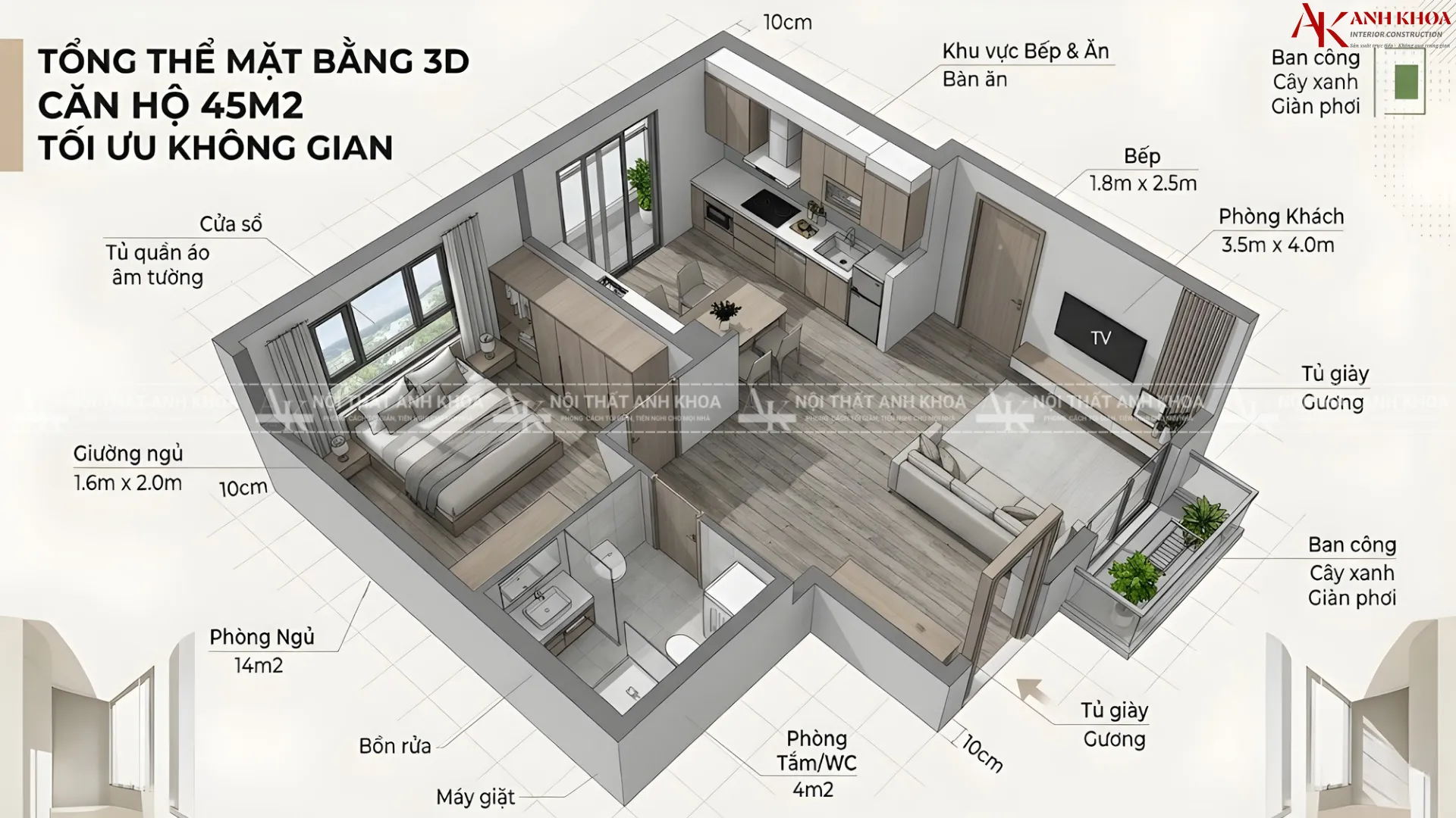 Tổng thể mặt bằng 3D căn hộ 45m2 tối ưu không gian Tổng thể mặt bằng 3D căn hộ 45m2 tối ưu không gian