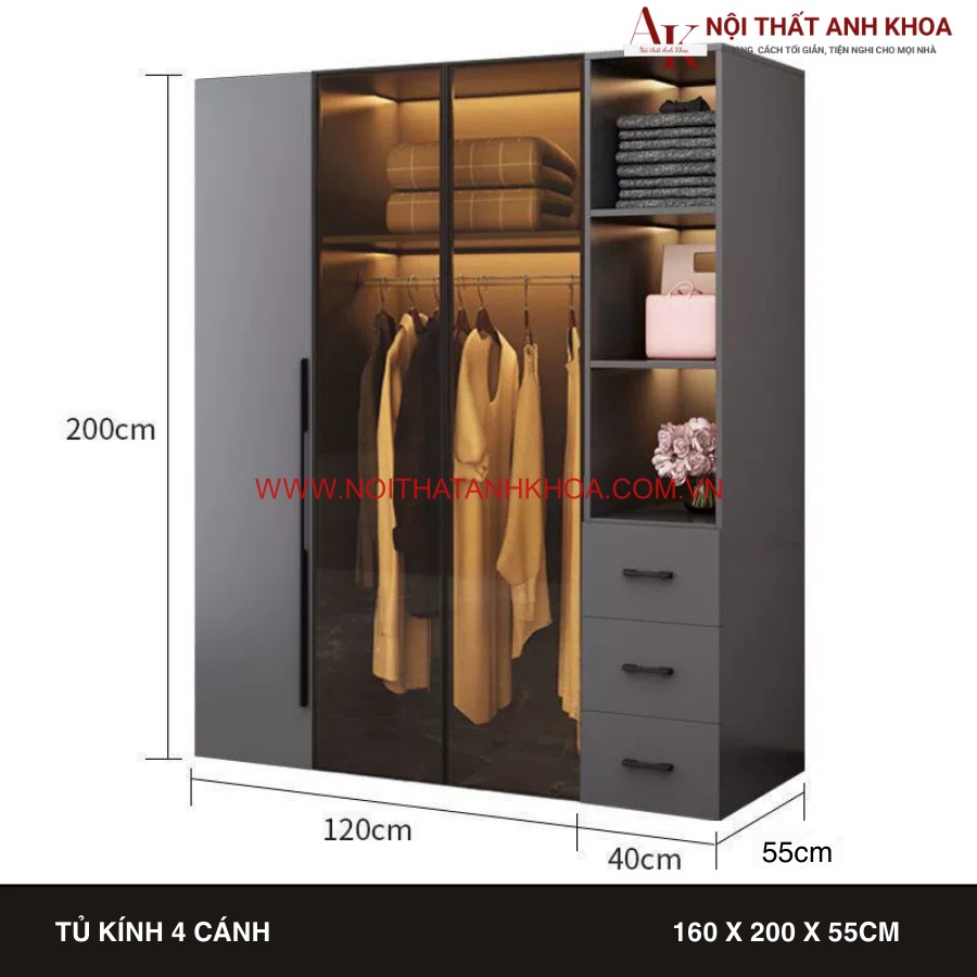 Tủ quần áo màu xám cánh kính hiện đại, làm từ gỗ công nghiệp có đèn led Tủ quần áo màu xám cánh kính hiện đại, làm từ gỗ công nghiệp có đèn led