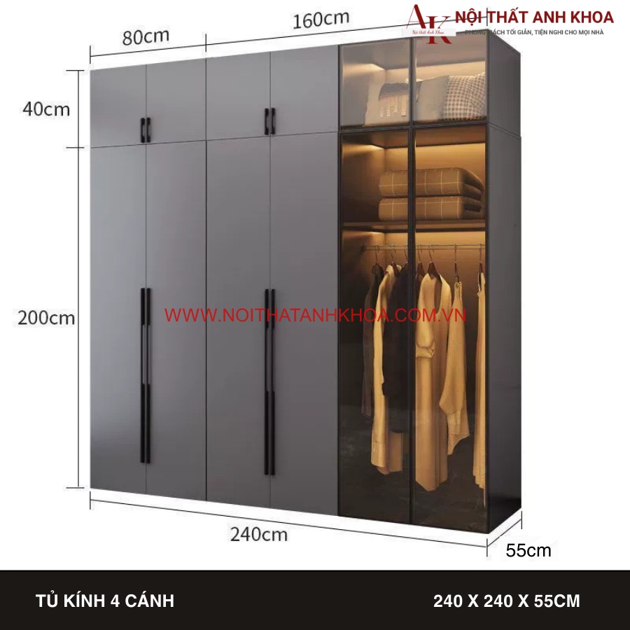 Tủ quần áo gỗ công nghiệp màu xám cánh kính, có đèn led tinh tế Tủ quần áo gỗ công nghiệp màu xám cánh kính, có đèn led tinh tế