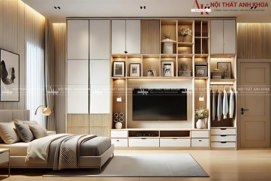 Mẫu tủ quần áo kết hợp kệ tivi có kệ sách/Kệ trang trí Mẫu tủ quần áo kết hợp kệ tivi có kệ sách/Kệ trang trí