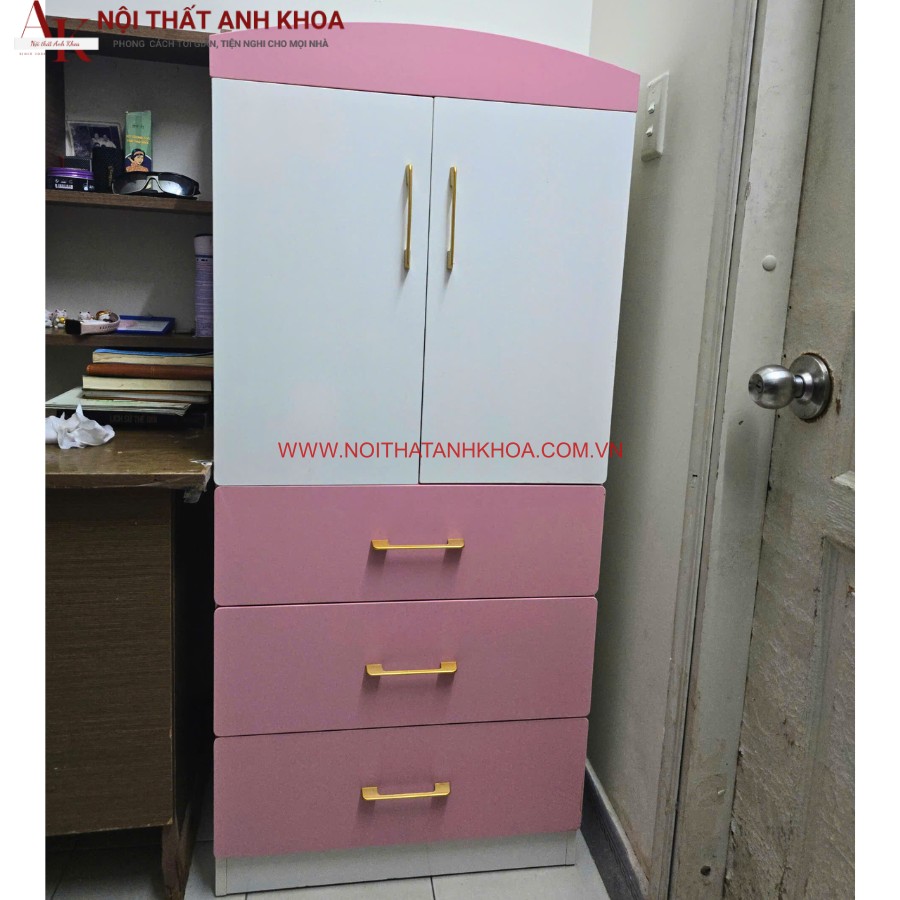 Tủ quần áo trẻ em gỗ công nghiệp màu hồng phối trắng đẹp giá rẻ Tủ quần áo trẻ em gỗ công nghiệp màu hồng phối trắng đẹp giá rẻ