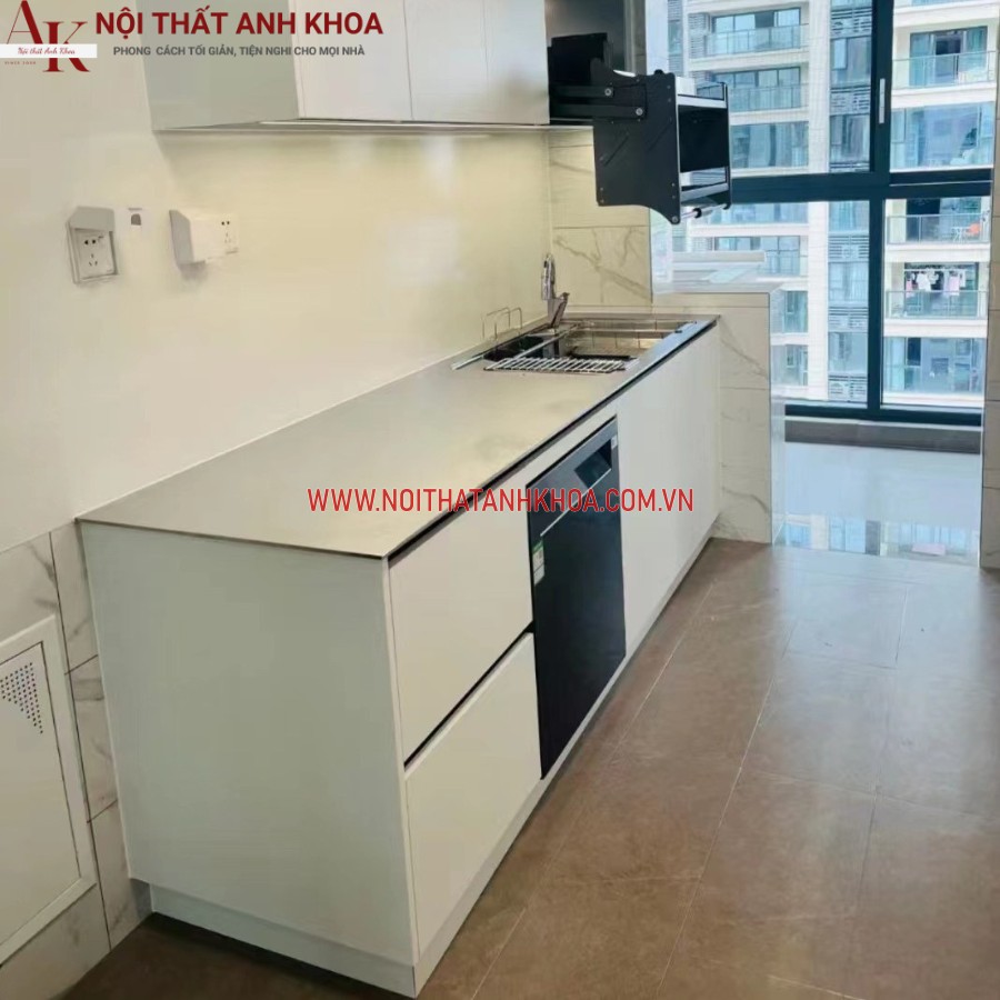 Tủ bếp gỗ công nghiệp kết hợp cánh Acrylic trắng bóng gương Tủ bếp gỗ công nghiệp kết hợp cánh Acrylic trắng bóng gương