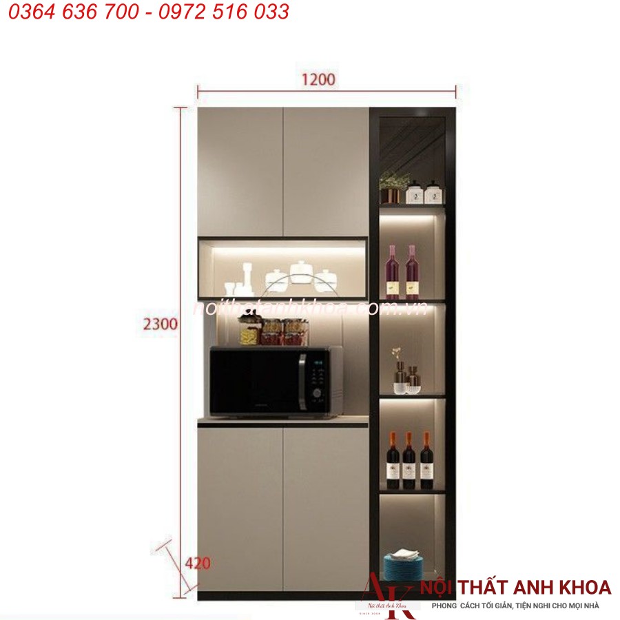 Hệ tủ bếp mini và tủ rượu gỗ công nghiệp màu kem phối led Hệ tủ bếp mini và tủ rượu gỗ công nghiệp màu kem phối led