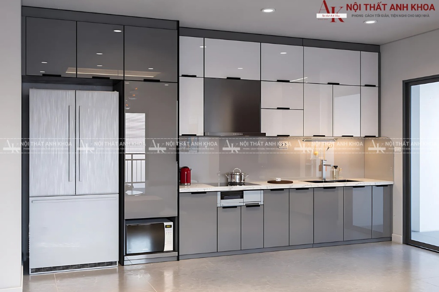 Thiết kế tủ bếp nhôm giả gỗ đẹp cho nhà ống hẹp Thiết kế tủ bếp nhôm giả gỗ đẹp cho nhà ống hẹp