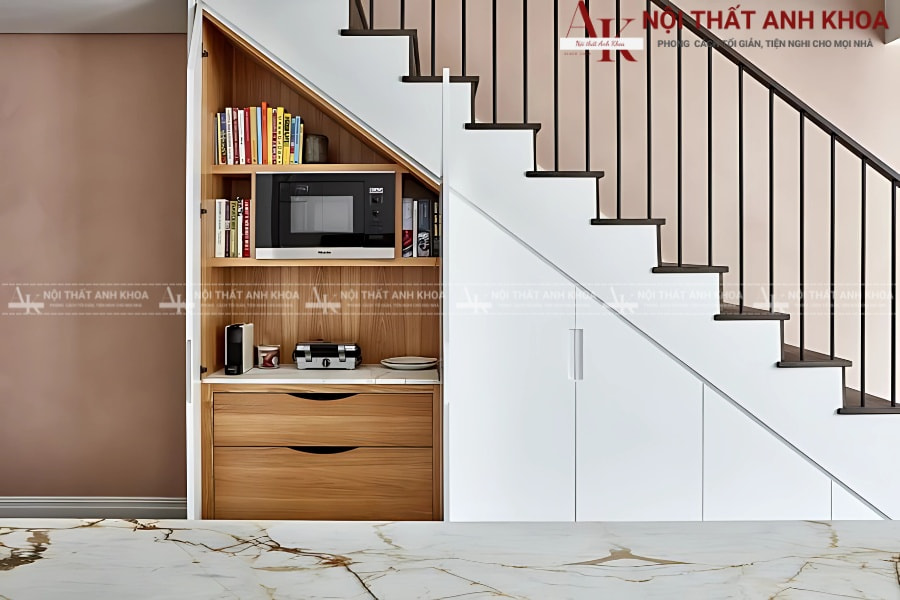 Tủ cầu thang âm tường kết hợp kệ mở trang trí Tủ cầu thang âm tường kết hợp kệ mở trang trí