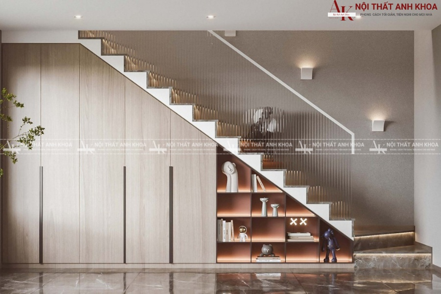 Tủ cầu thang âm tường với cánh cửa phẳng không tay nắm Tủ cầu thang âm tường với cánh cửa phẳng không tay nắm