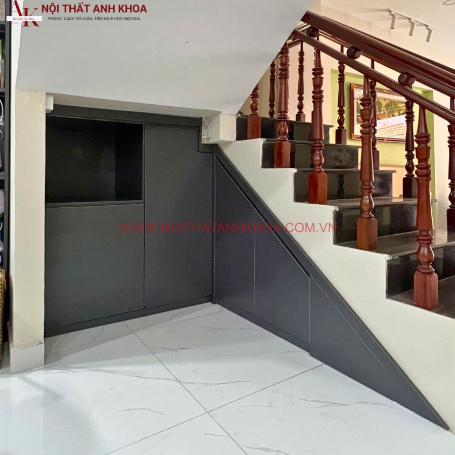 Tủ cầu thang gỗ công nghiệp MDF phủ melamine đẹp hiện đại Tủ cầu thang gỗ công nghiệp MDF phủ melamine đẹp hiện đại