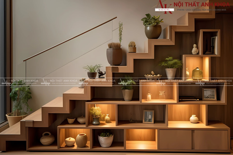 Tủ âm cầu thang tích hợp kệ trưng bày Tủ âm cầu thang tích hợp kệ trưng bày