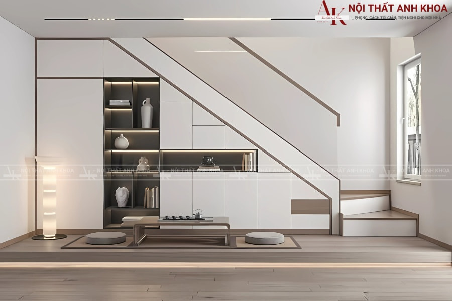 Tối ưu diện tích - Tủ gầm cầu thang gỗ MDF cánh kính Tối ưu diện tích - Tủ gầm cầu thang gỗ MDF cánh kính