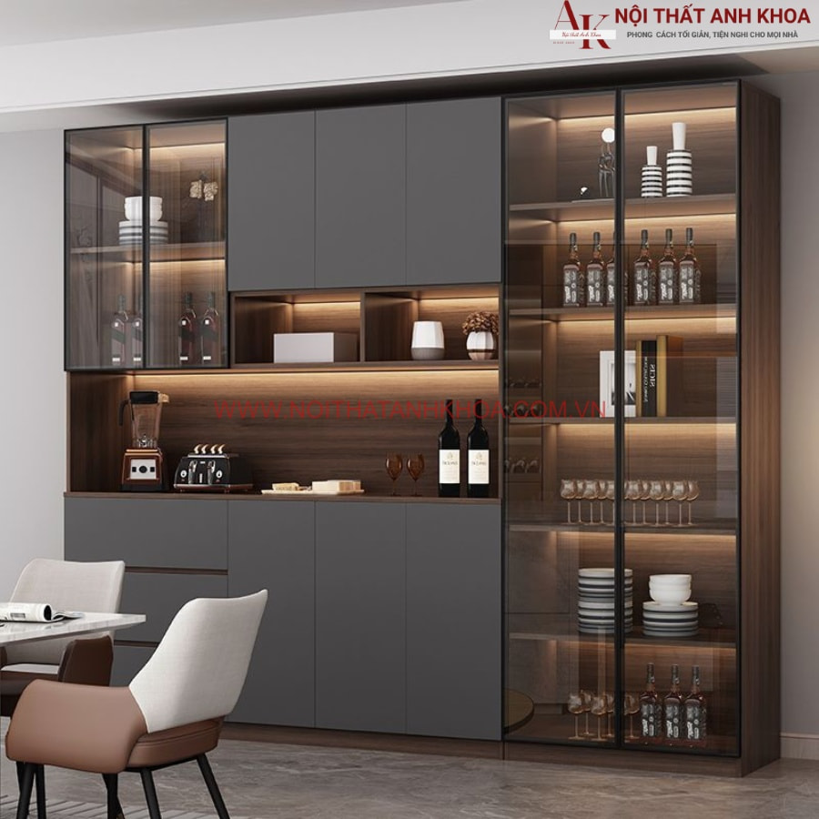 Tủ để đồ nhà bếp gỗ công nghiệp đẹp cánh kính, hiện đại Tủ để đồ nhà bếp gỗ công nghiệp đẹp cánh kính, hiện đại
