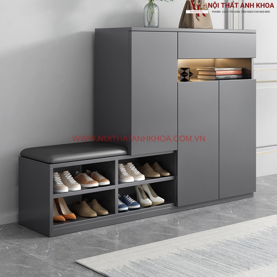 Tủ giày kết hợp ghế ngồi gam màu xám chì hiện đại Tủ giày kết hợp ghế ngồi gam màu xám chì hiện đại