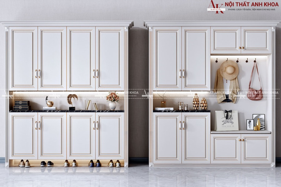 Tủ giày kết hợp ghế ngồi gỗ MDF tân cổ điển Tủ giày kết hợp ghế ngồi gỗ MDF tân cổ điển