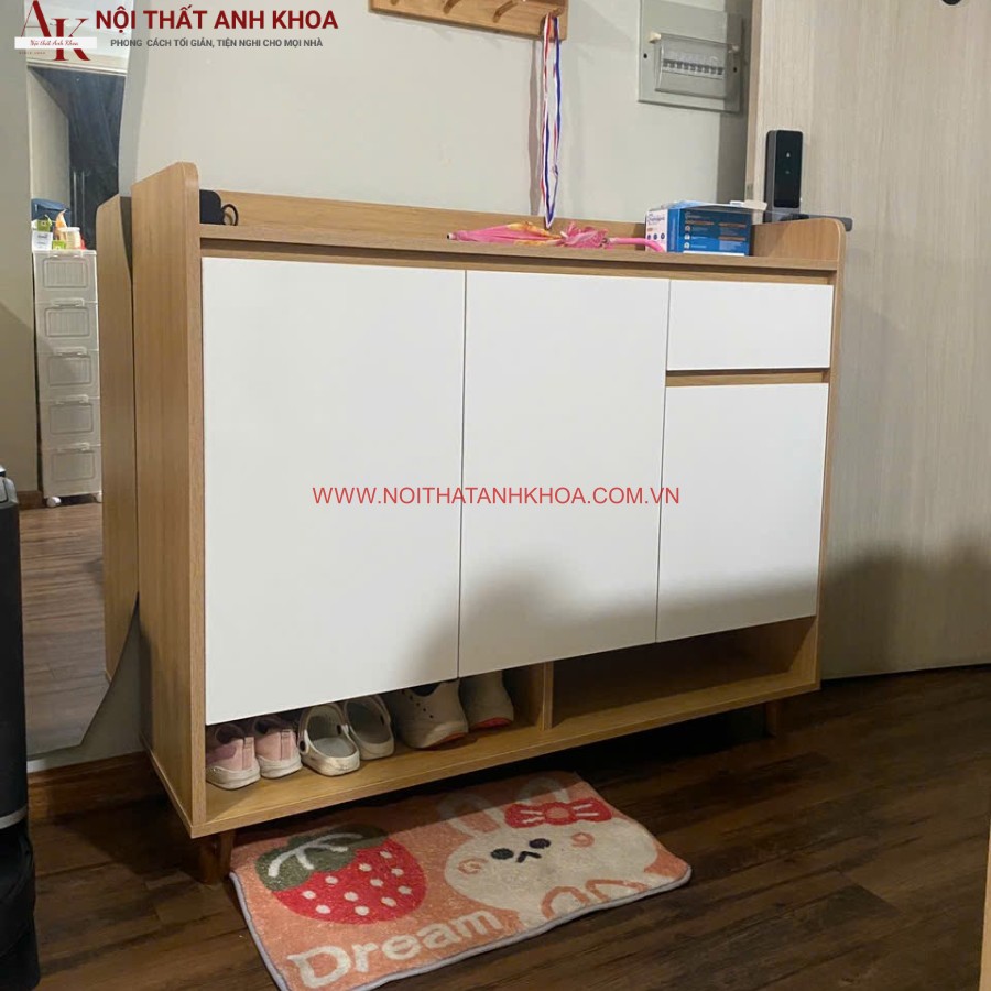 Tủ giày gỗ công nghiệp gam màu vàng vân gỗ ấm áp Tủ giày gỗ công nghiệp gam màu vàng vân gỗ ấm áp
