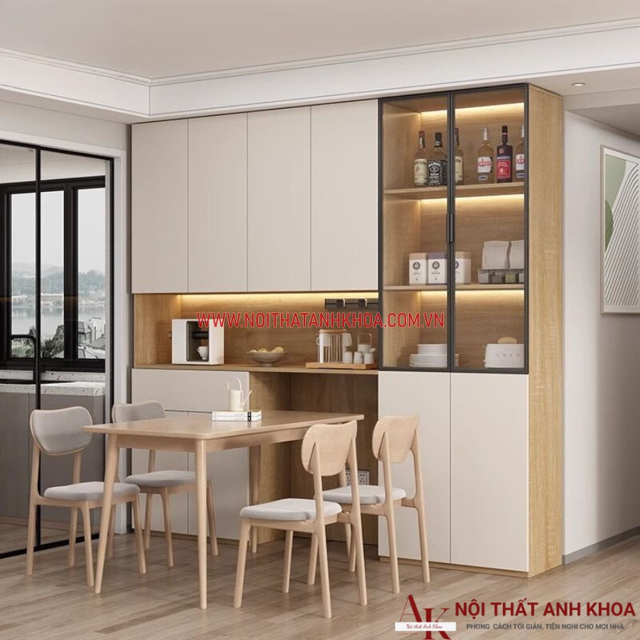 Tủ gỗ cạnh bếp màu vàng vân gỗ phối trắng hiện đại Tủ gỗ cạnh bếp màu vàng vân gỗ phối trắng hiện đại