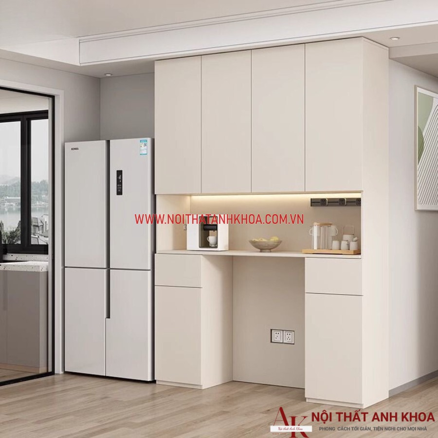 Tủ gỗ cạnh bếp gỗ công nghiệp màu trắng thanh lịch Tủ gỗ cạnh bếp gỗ công nghiệp màu trắng thanh lịch