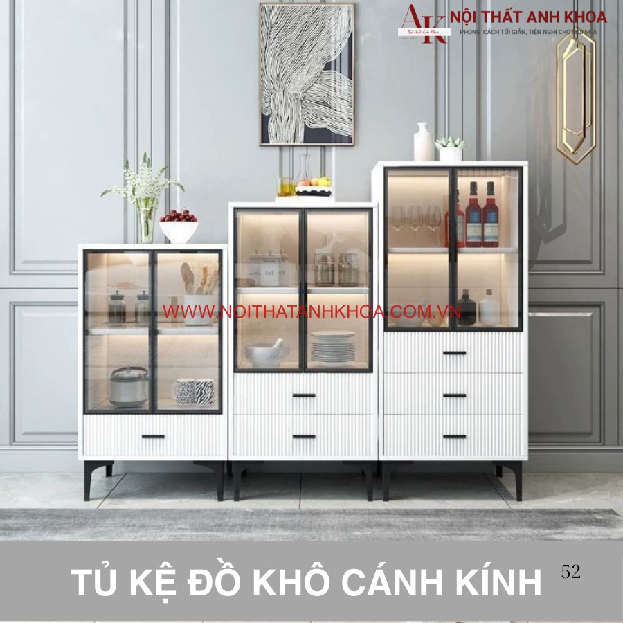 Tủ kệ bếp khô đa năng cánh kính đẹp hiện đại màu trắng Tủ kệ bếp khô đa năng cánh kính đẹp hiện đại màu trắng