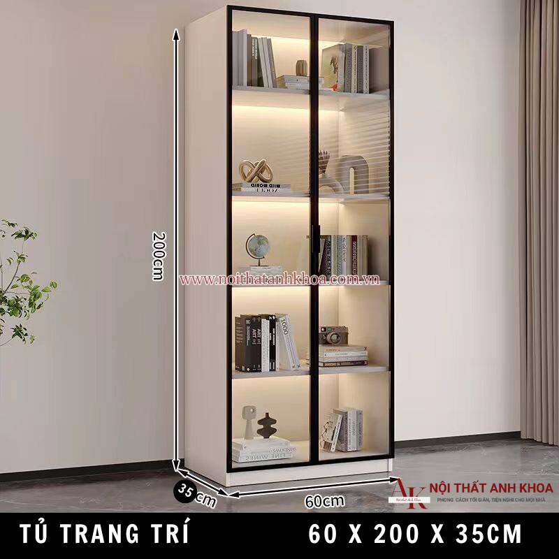 Tủ kệ trang trí phòng khách màu trắng cánh kính hiện đại (KT: 60 x 35 x 200cm) Tủ kệ trang trí phòng khách màu trắng cánh kính hiện đại (KT: 60 x 35 x 200cm)