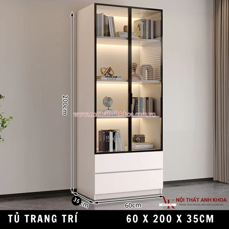 Tủ kệ trang trí phòng khách màu trắng có ngăn kéo cánh kính hiện đại (KT: 60 x 35 x 200cm) Tủ kệ trang trí phòng khách màu trắng có ngăn kéo cánh kính hiện đại (KT: 60 x 35 x 200cm)